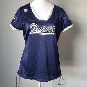 Women's New England Patriots Fans Jersey Fandom Embroidered Logo Blue White NWT